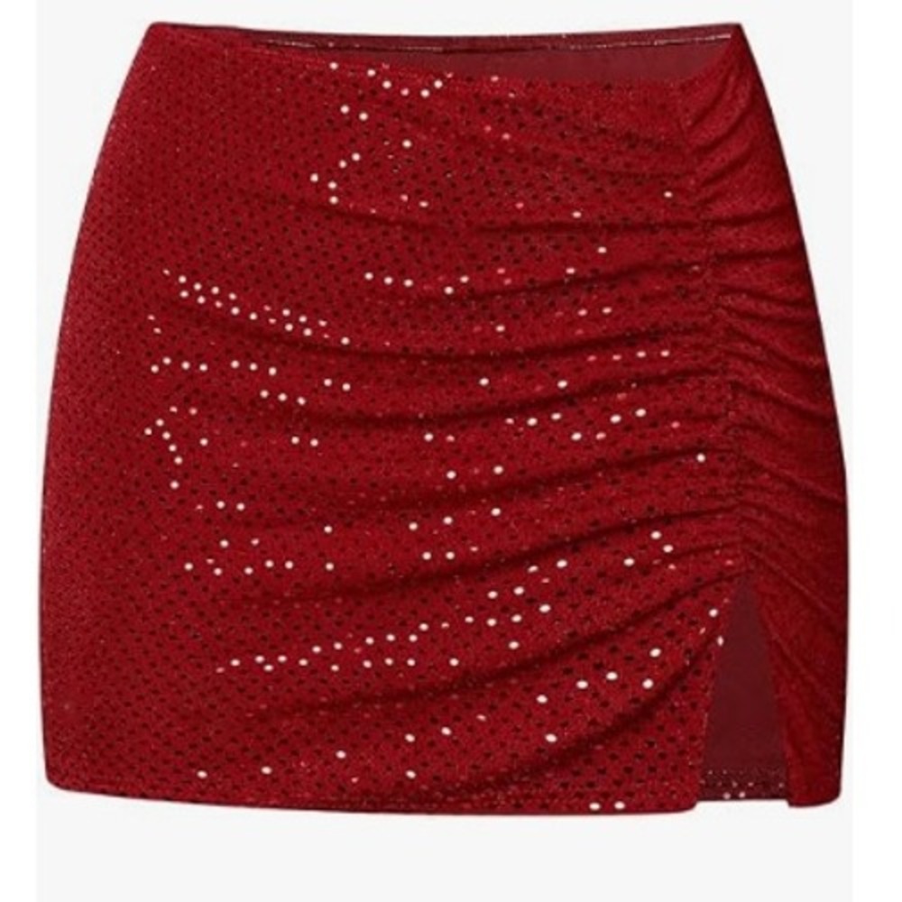 SHEIN Ruched Sequin Bodycon Mini Skirt Womens XS Red Split Hem Going Out Party